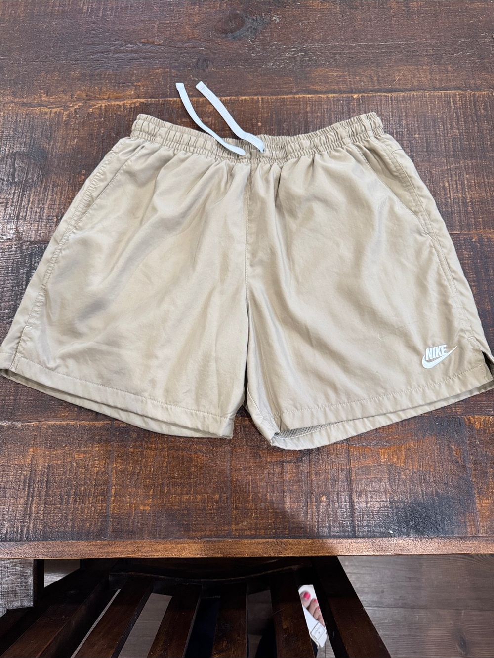 Nike Men's Beige Athletic Shorts with White Drawstring